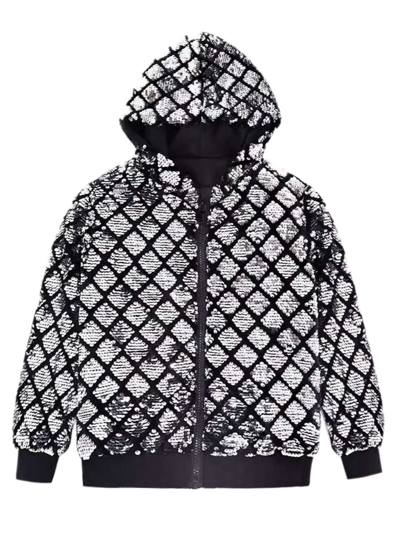 Bublédon Shiny Sequins Jackets for Men's Long Sleeves Metallic Sparkle Argyle Printed Hooded Jacket