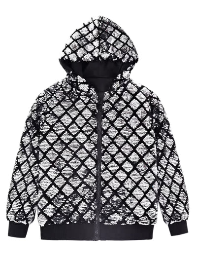 Shiny Sequins Jackets for Men's Long Sleeves Metallic Sparkle Argyle Printed Hooded Jacket