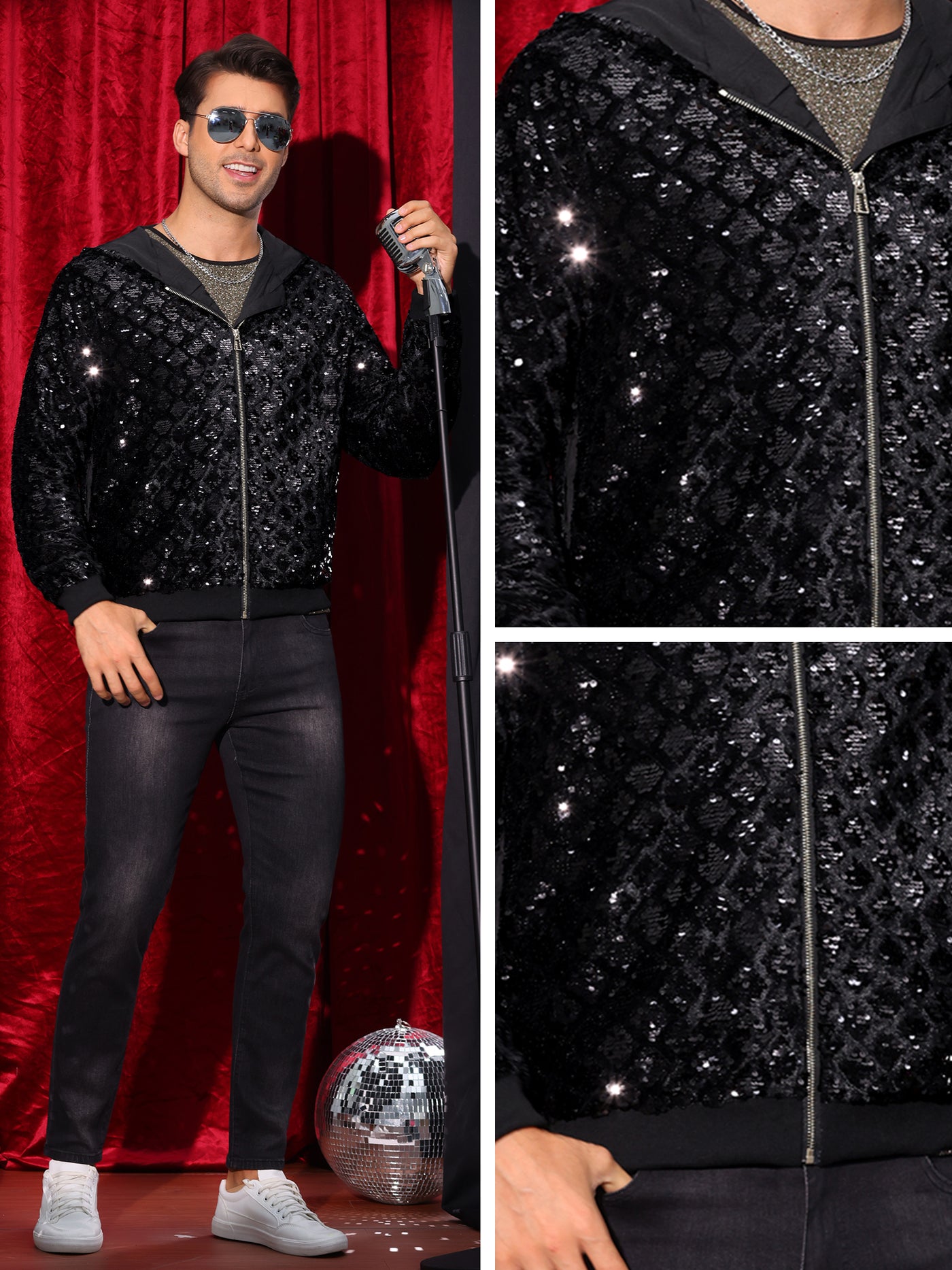 Bublédon Shiny Sequins Jackets for Men's Long Sleeves Metallic Sparkle Argyle Printed Hooded Jacket