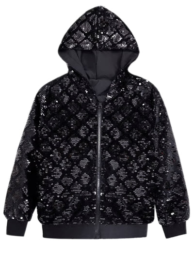 Shiny Sequins Jackets for Men's Long Sleeves Metallic Sparkle Argyle Printed Hooded Jacket