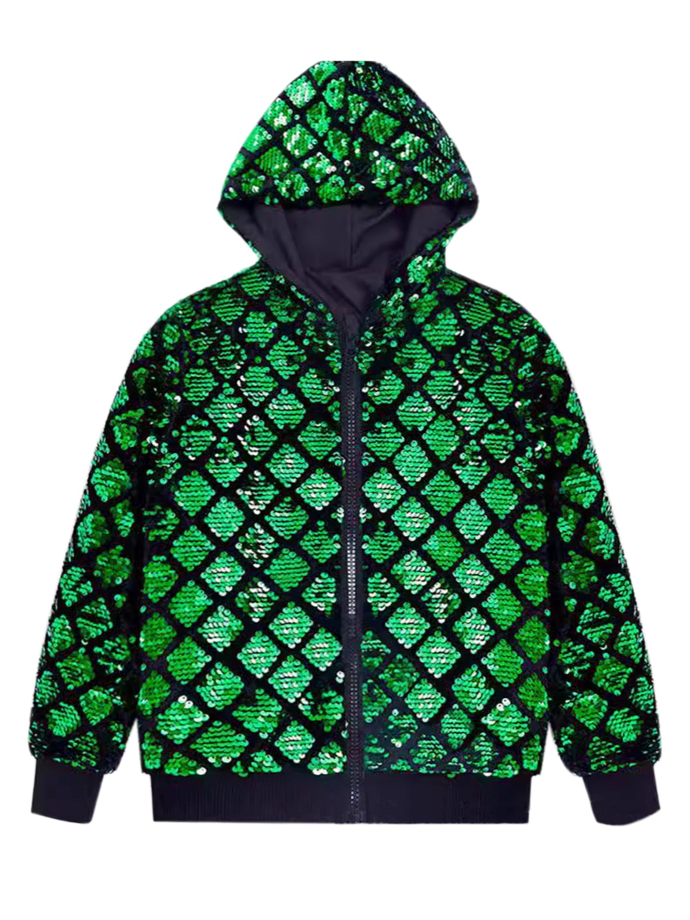 Bublédon Shiny Sequins Jackets for Men's Long Sleeves Metallic Sparkle Argyle Printed Hooded Jacket