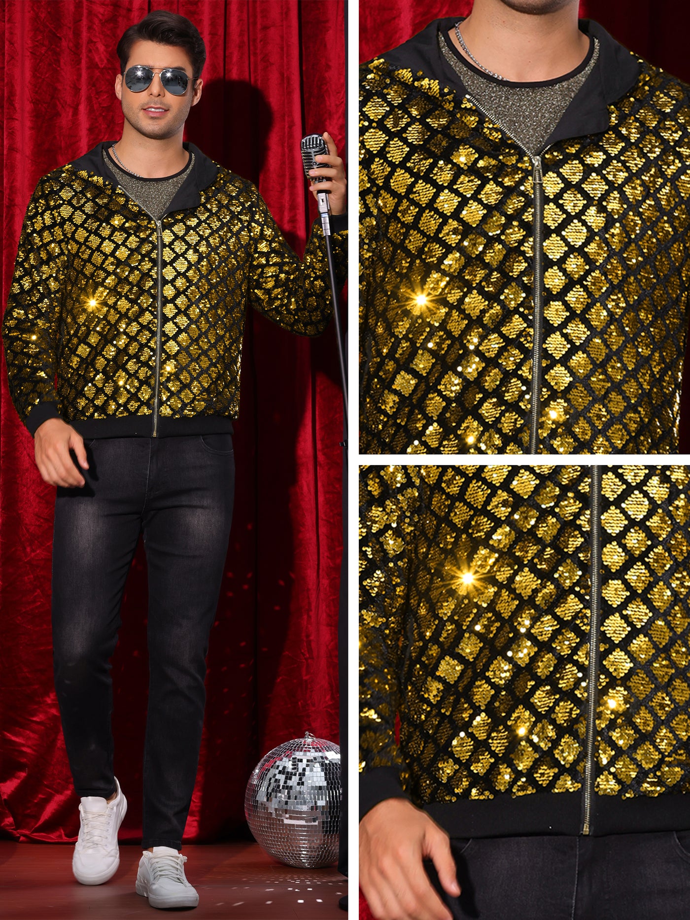 Bublédon Shiny Sequins Jackets for Men's Long Sleeves Metallic Sparkle Argyle Printed Hooded Jacket