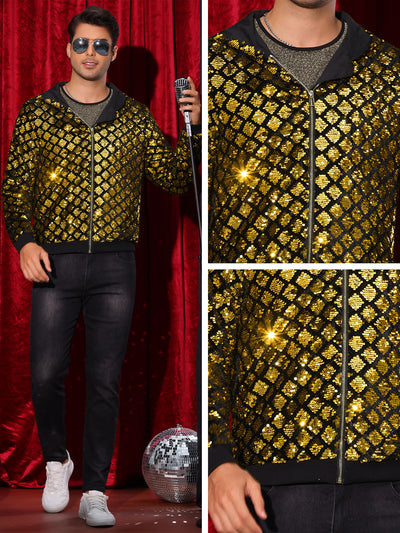 Shiny Sequins Jackets for Men's Long Sleeves Metallic Sparkle Argyle Printed Hooded Jacket