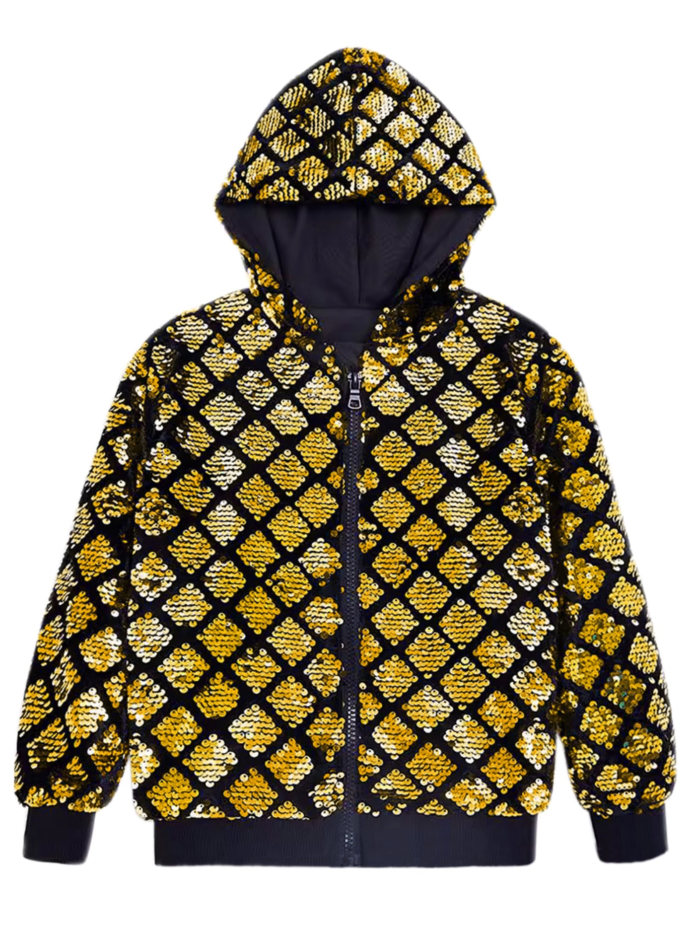 Bublédon Shiny Sequins Jackets for Men's Long Sleeves Metallic Sparkle Argyle Printed Hooded Jacket