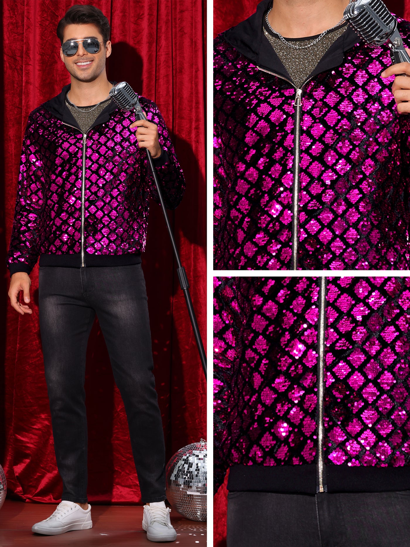 Bublédon Shiny Sequins Jackets for Men's Long Sleeves Metallic Sparkle Argyle Printed Hooded Jacket