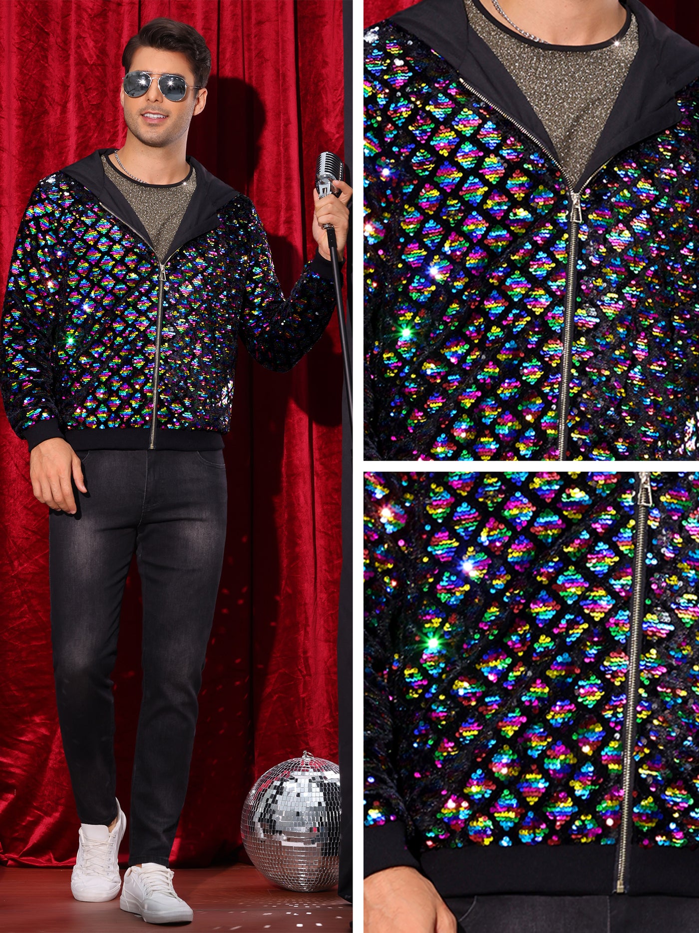 Bublédon Shiny Sequins Jackets for Men's Long Sleeves Metallic Sparkle Argyle Printed Hooded Jacket