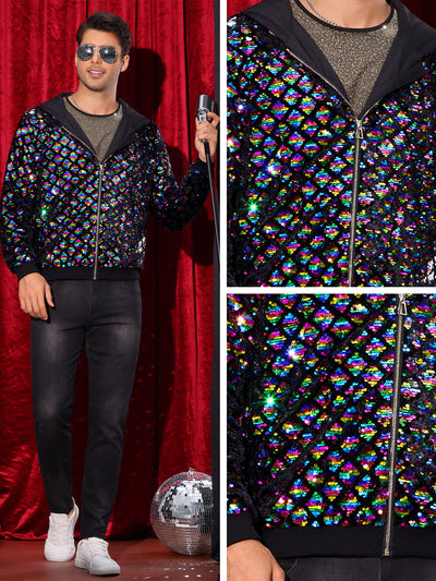 Shiny Sequins Jackets for Men's Long Sleeves Metallic Sparkle Argyle Printed Hooded Jacket