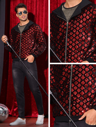 Shiny Sequins Jackets for Men's Long Sleeves Metallic Sparkle Argyle Printed Hooded Jacket