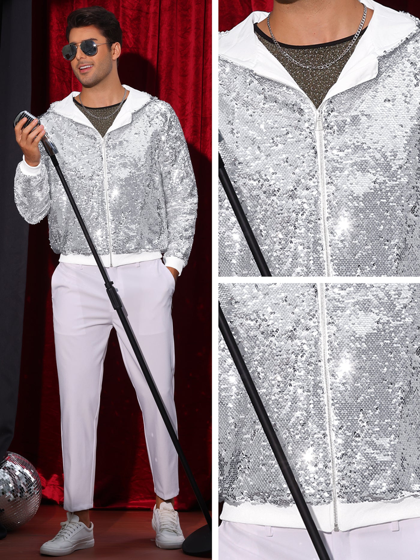 Bublédon Sequins Jacket for Men's Long Sleeves Zip Up Sparkle Metallic Hoodie Jackets