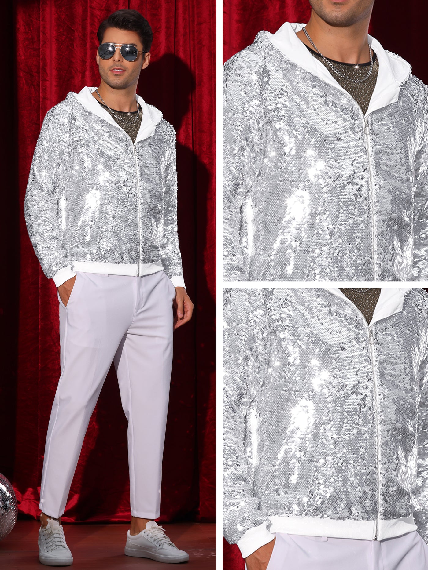 Bublédon Sequins Jacket for Men's Long Sleeves Zip Up Sparkle Metallic Hoodie Jackets