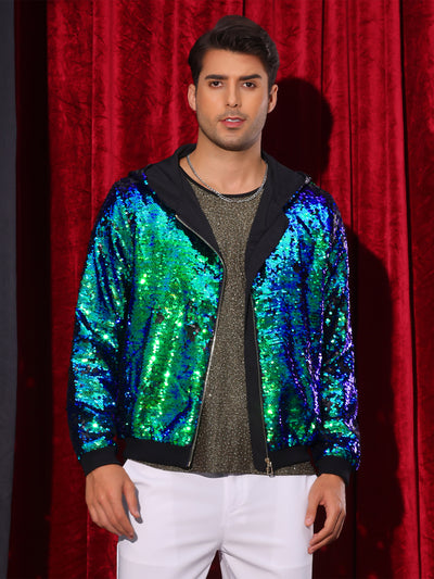 Sequins Jacket for Men's Long Sleeves Zip Up Sparkle Metallic Hoodie Jackets