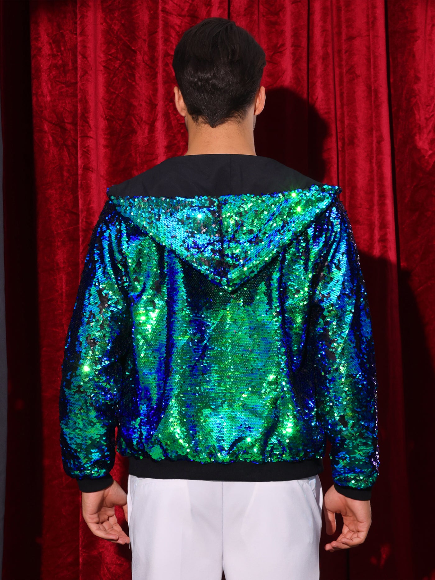 Bublédon Sequins Jacket for Men's Long Sleeves Zip Up Sparkle Metallic Hoodie Jackets