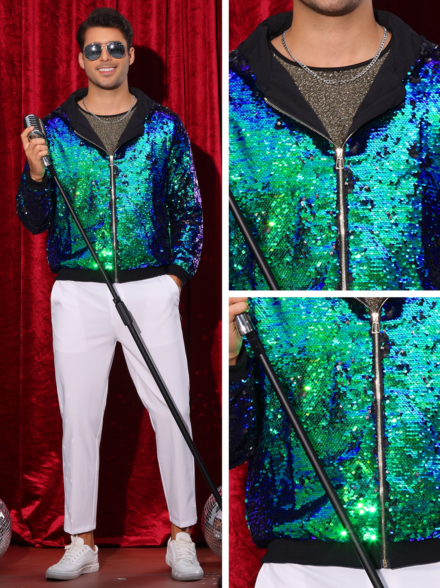 Bublédon Sequins Jacket for Men's Long Sleeves Zip Up Sparkle Metallic Hoodie Jackets