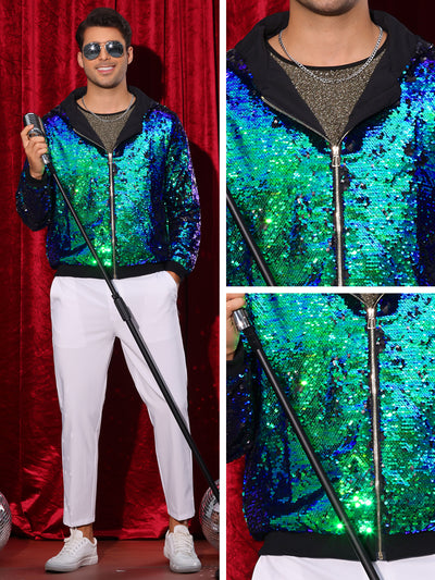 Sequins Jacket for Men's Long Sleeves Zip Up Sparkle Metallic Hoodie Jackets