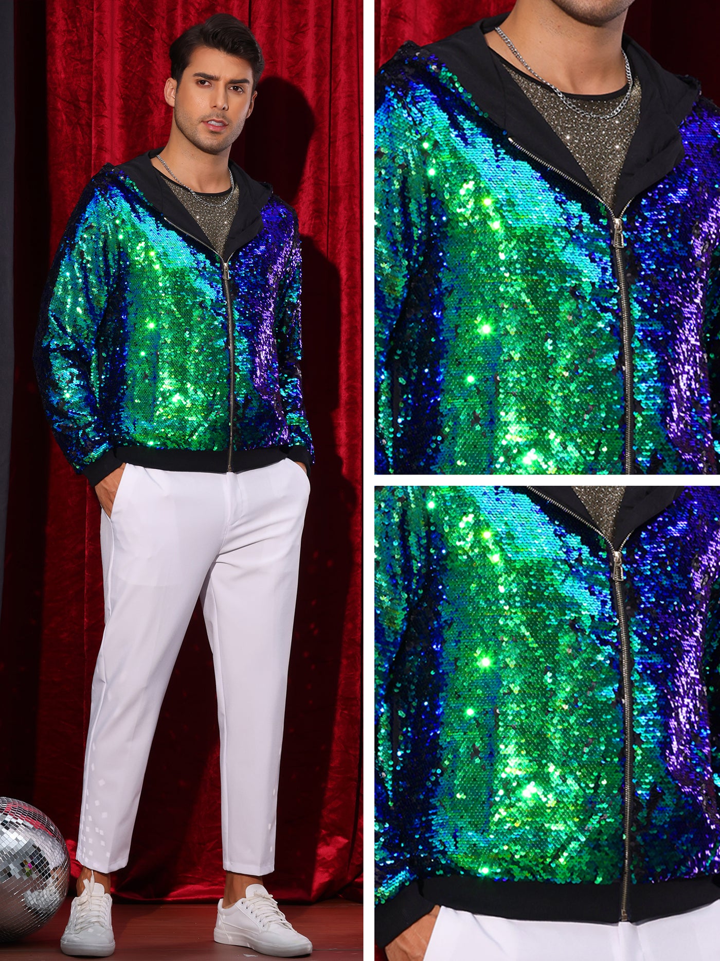 Bublédon Sequins Jacket for Men's Long Sleeves Zip Up Sparkle Metallic Hoodie Jackets