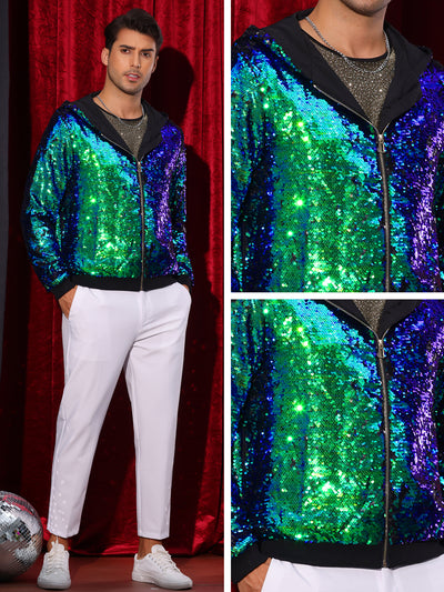 Sequins Jacket for Men's Long Sleeves Zip Up Sparkle Metallic Hoodie Jackets