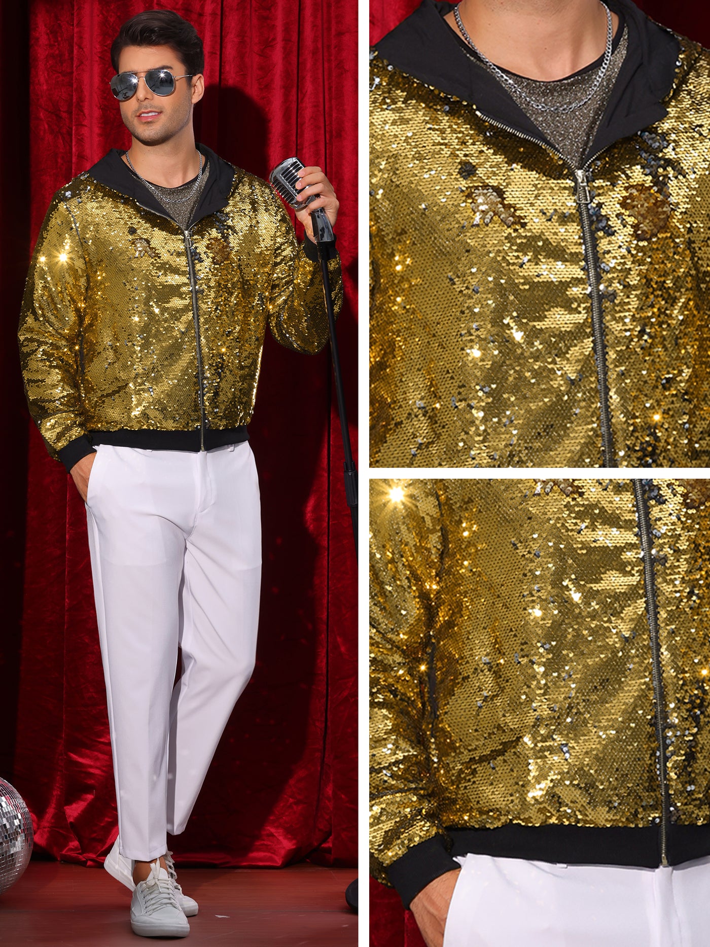 Bublédon Sequins Jacket for Men's Long Sleeves Zip Up Sparkle Metallic Hoodie Jackets