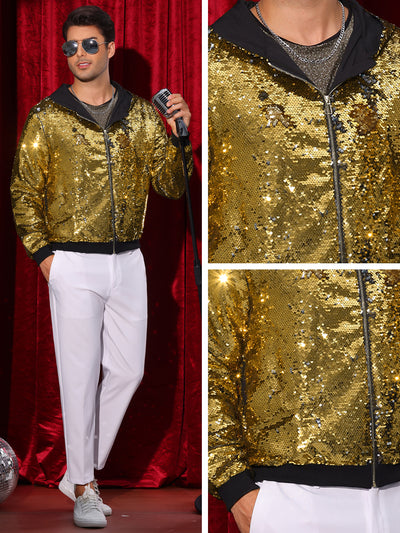 Sequins Jacket for Men's Long Sleeves Zip Up Sparkle Metallic Hoodie Jackets