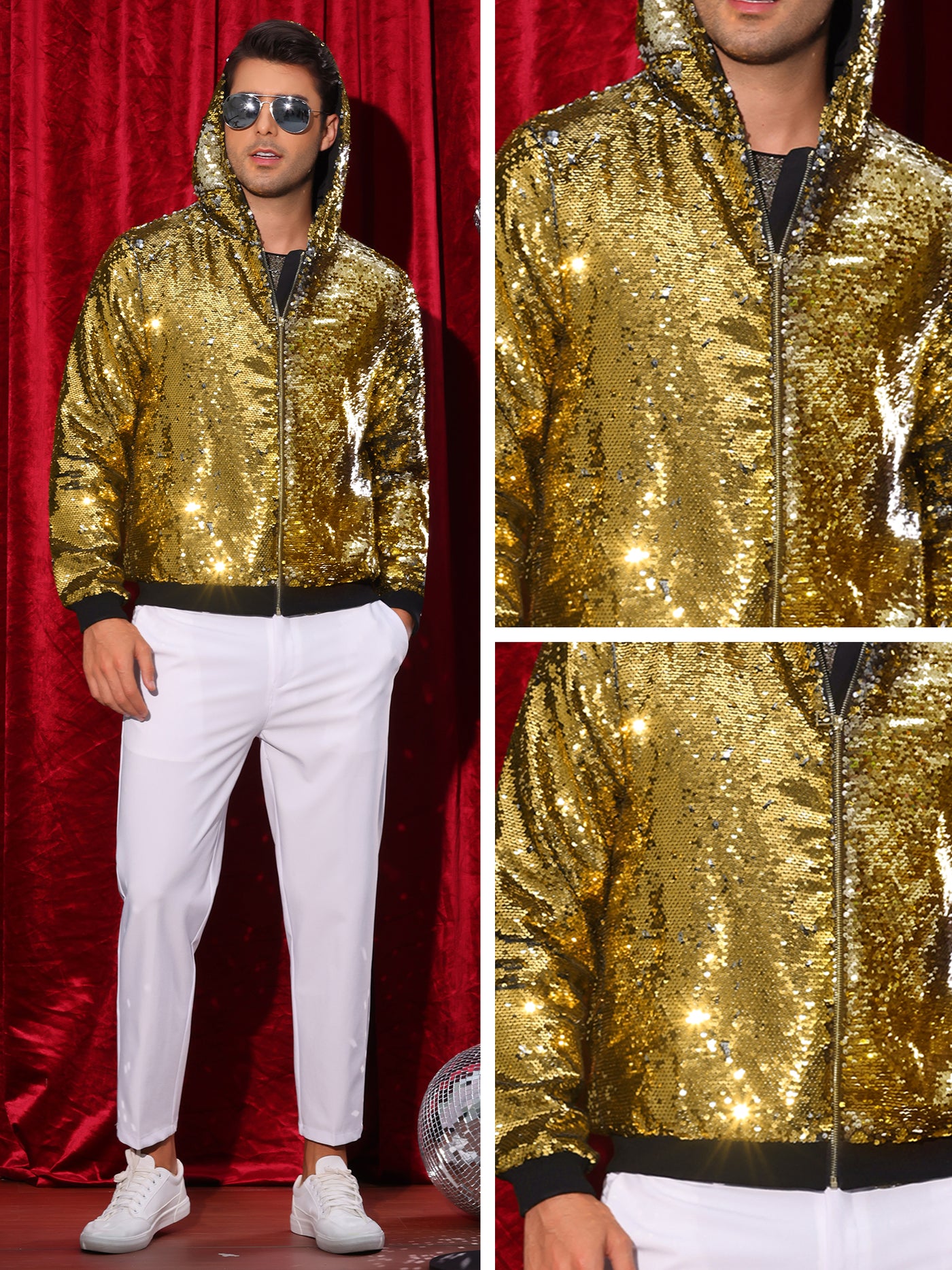 Bublédon Sequins Jacket for Men's Long Sleeves Zip Up Sparkle Metallic Hoodie Jackets