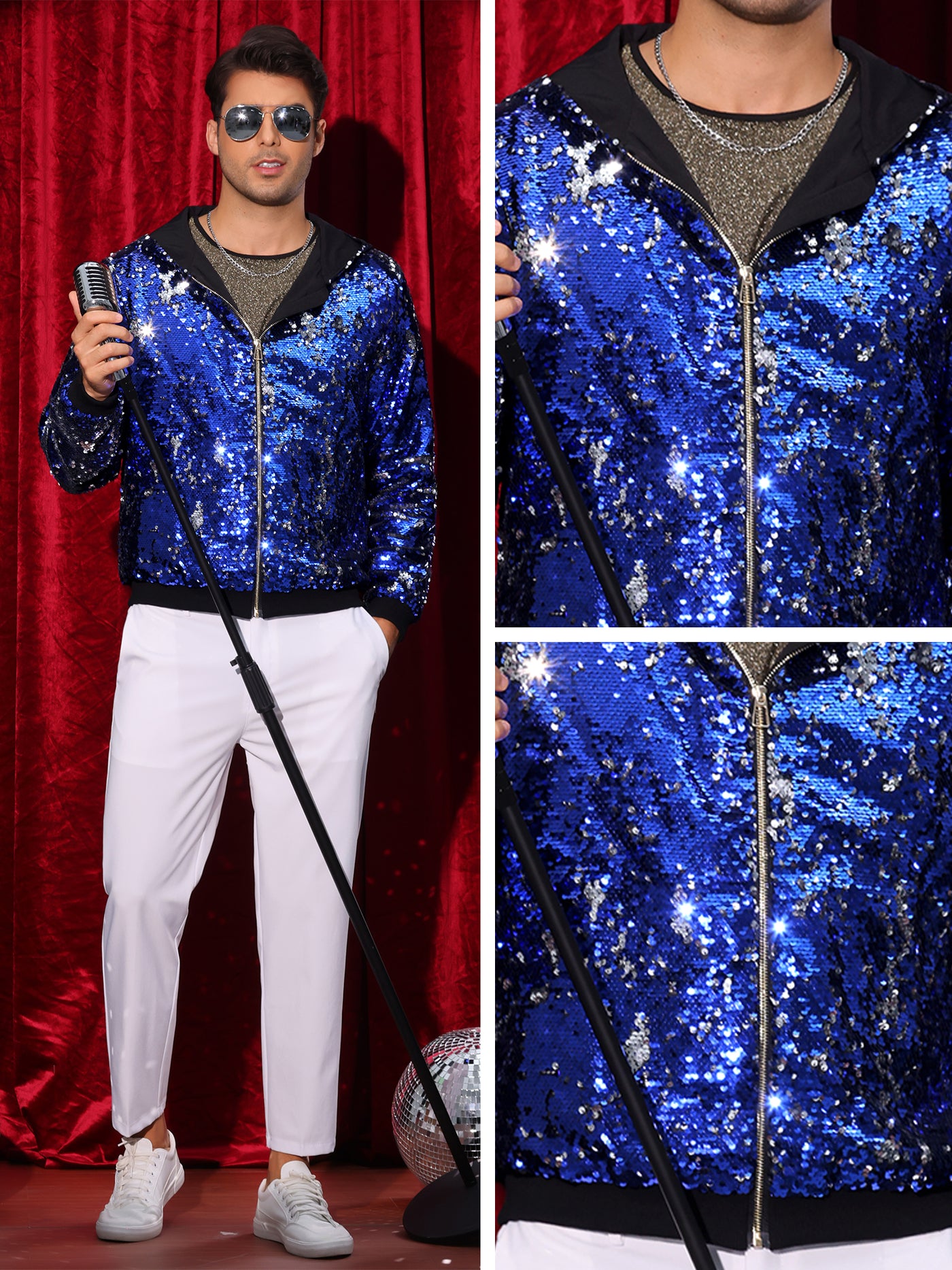 Bublédon Sequins Jacket for Men's Long Sleeves Zip Up Sparkle Metallic Hoodie Jackets