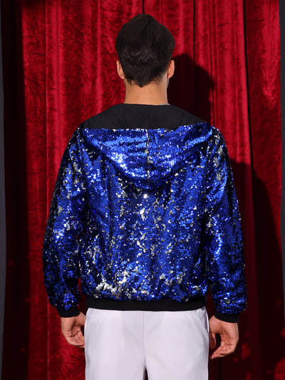 Sequins Jacket for Men's Long Sleeves Zip Up Sparkle Metallic Hoodie Jackets