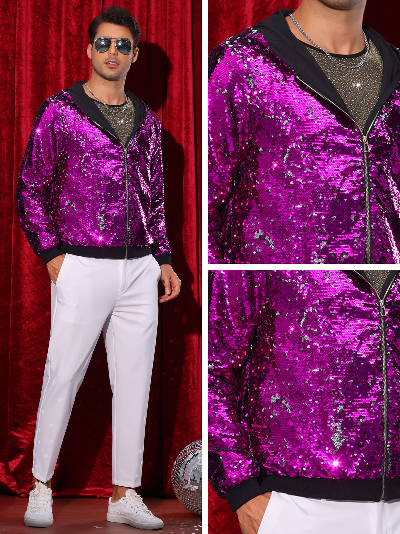 Bublédon Sequins Jacket for Men's Long Sleeves Zip Up Sparkle Metallic Hoodie Jackets