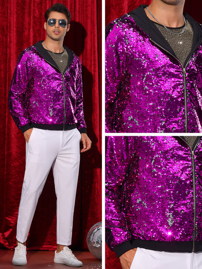 Sequins Jacket for Men's Long Sleeves Zip Up Sparkle Metallic Hoodie Jackets