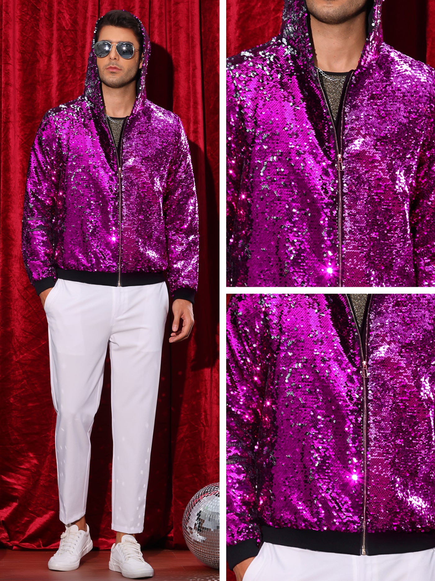 Bublédon Sequins Jacket for Men's Long Sleeves Zip Up Sparkle Metallic Hoodie Jackets