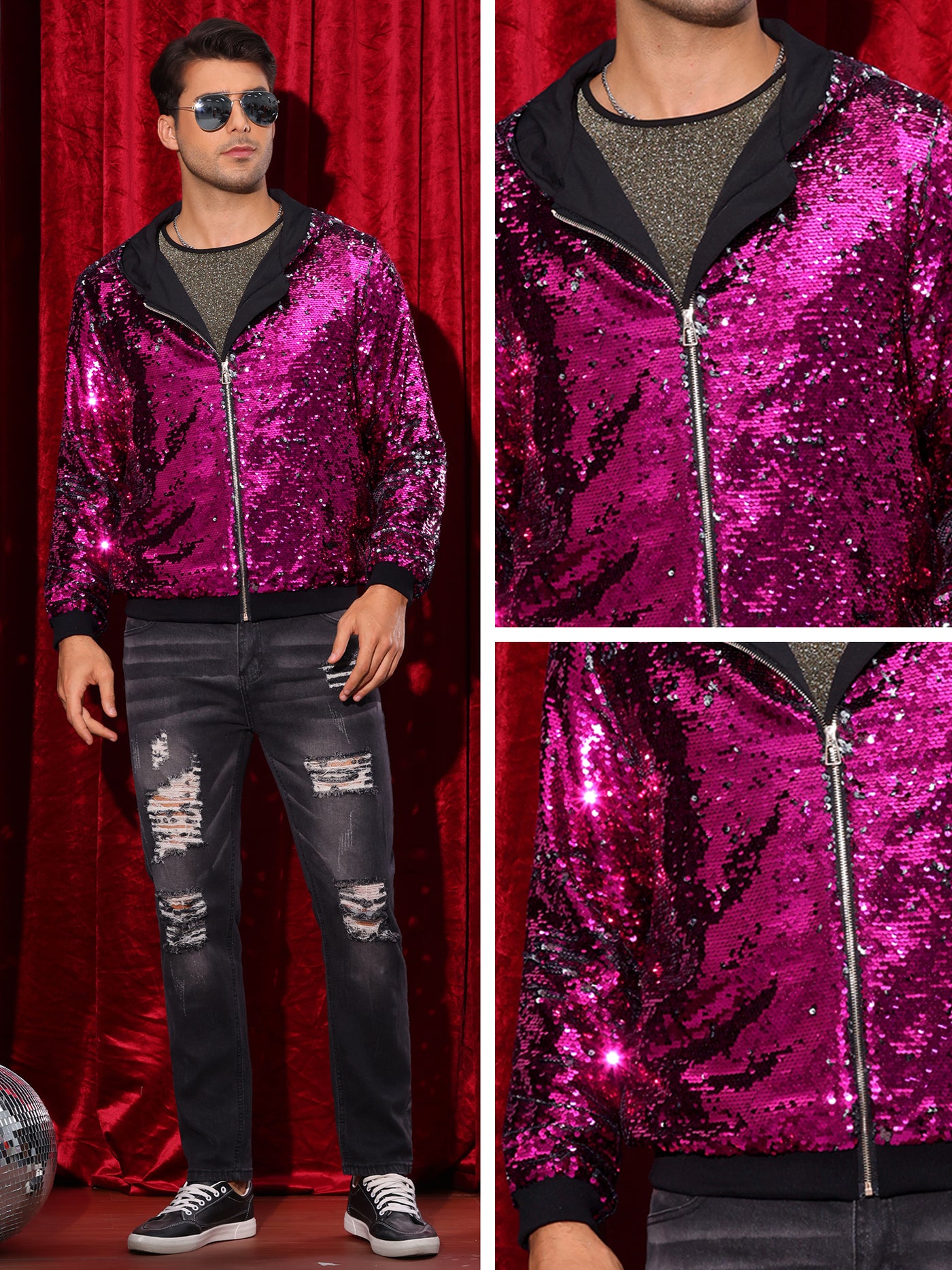 Bublédon Sequins Jacket for Men's Long Sleeves Zip Up Sparkle Metallic Hoodie Jackets