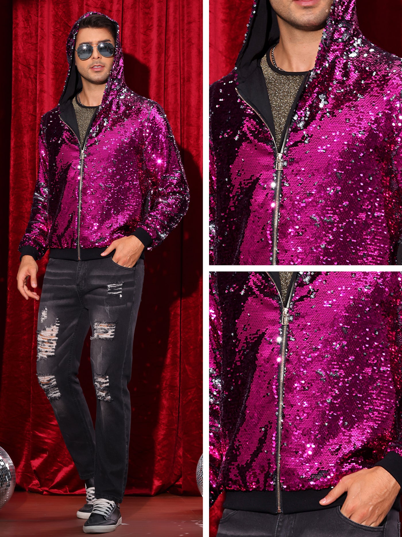 Bublédon Sequins Jacket for Men's Long Sleeves Zip Up Sparkle Metallic Hoodie Jackets