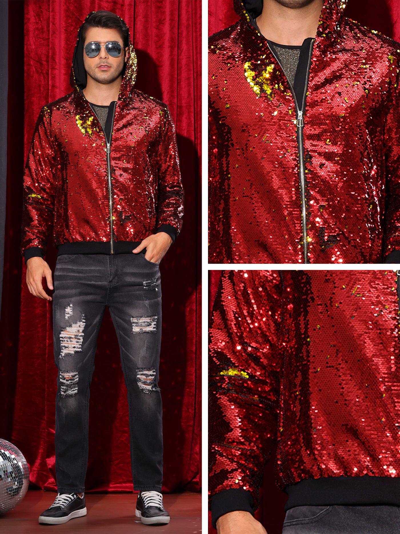 Bublédon Sequins Jacket for Men's Long Sleeves Zip Up Sparkle Metallic Hoodie Jackets