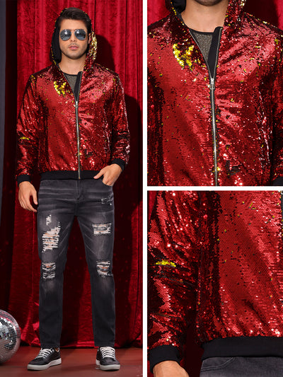 Sequins Jacket for Men's Long Sleeves Zip Up Sparkle Metallic Hoodie Jackets