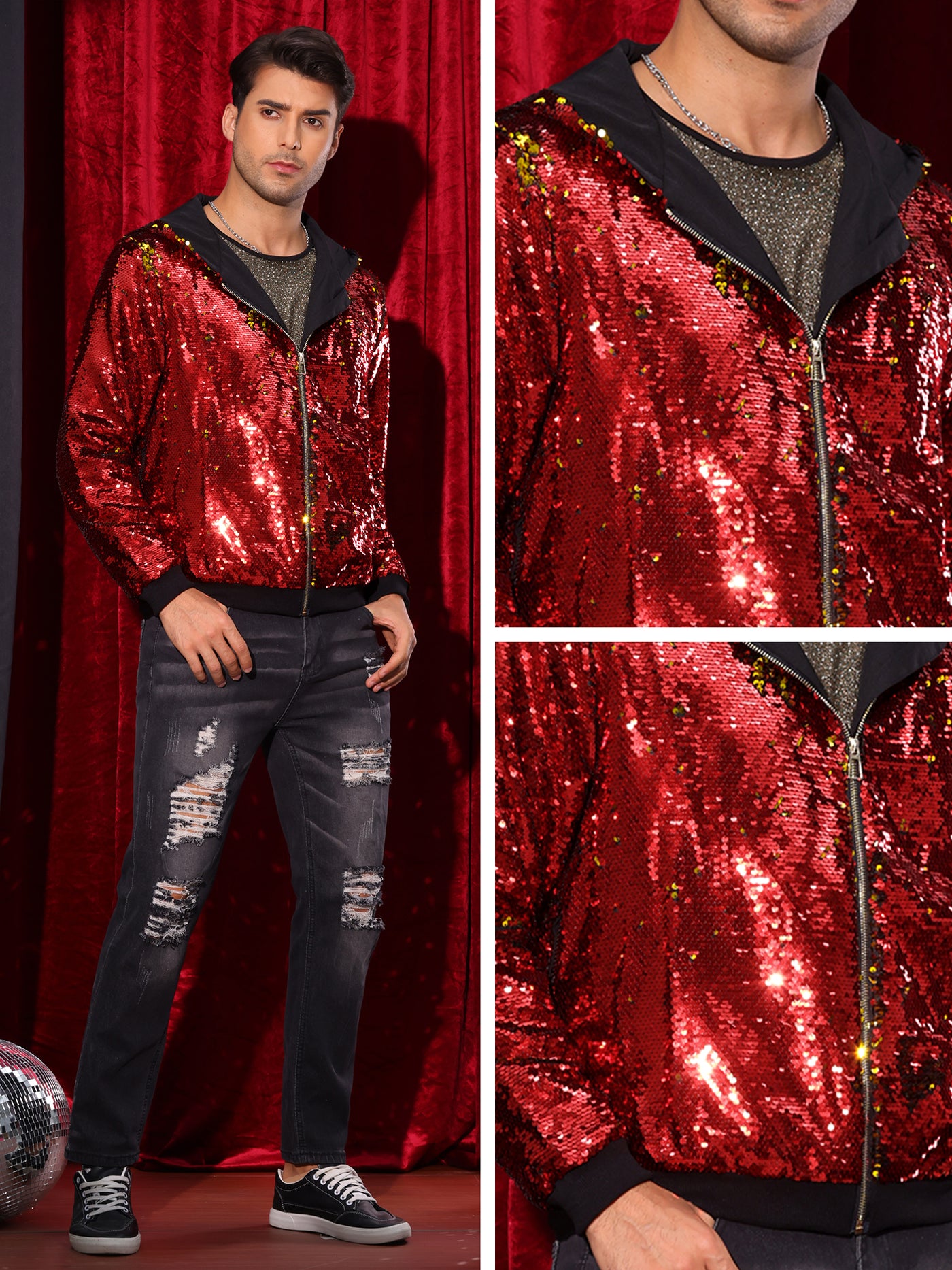 Bublédon Sequins Jacket for Men's Long Sleeves Zip Up Sparkle Metallic Hoodie Jackets