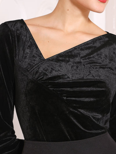 Women's Slim Fitted Top Asymmetrical Neck Casual Long Sleeve Velvet Blouse