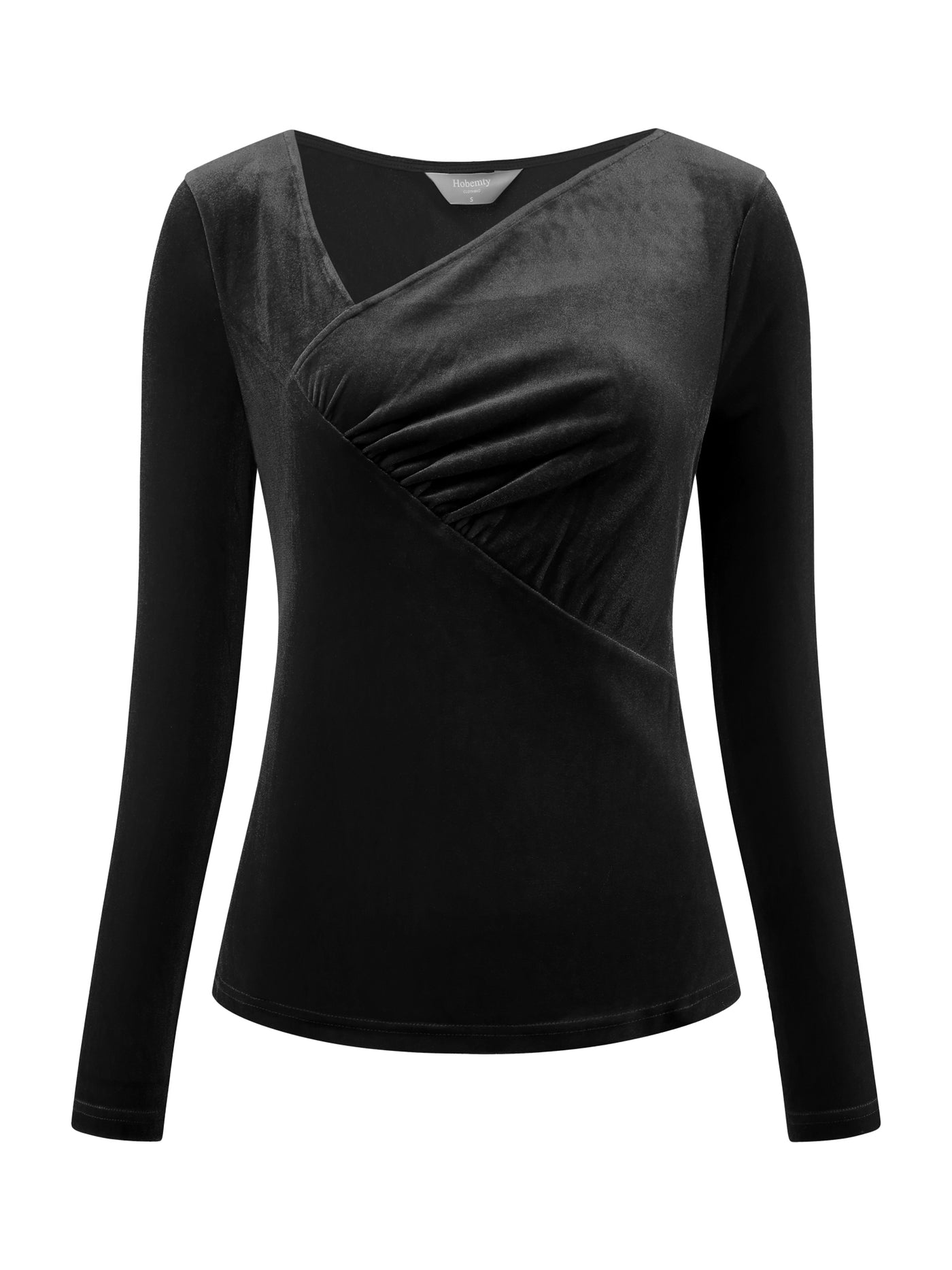 Bublédon Women's Slim Fitted Top Asymmetrical Neck Casual Long Sleeve Velvet Blouse