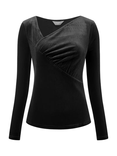 Women's Slim Fitted Top Asymmetrical Neck Casual Long Sleeve Velvet Blouse