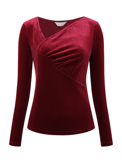 Women's Slim Fitted Top Asymmetrical Neck Casual Long Sleeve Velvet Blouse