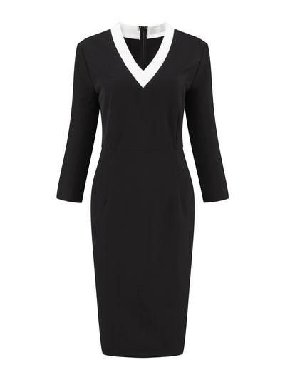 Women's 3/4 Sleeve Pencil Dress Contrast Color V Neck Elegant Work Sheath Dresses