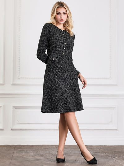 Bublédon Women's A-Line Tweed Dress Long Sleeve Vintage Work Flare Dresses