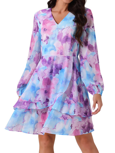 Women's V Neck Floral Long Sleeve High Waist Ruffle Swing Skater Chiffon Mini Dress