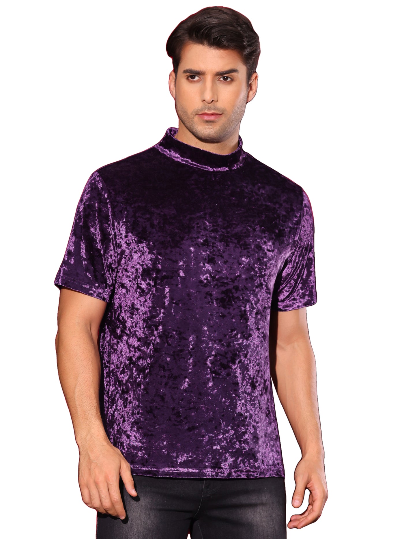 Bublédon Velvet T-Shirts for Men's Short Sleeves Mock Neck Pullover Velour Tee Tops