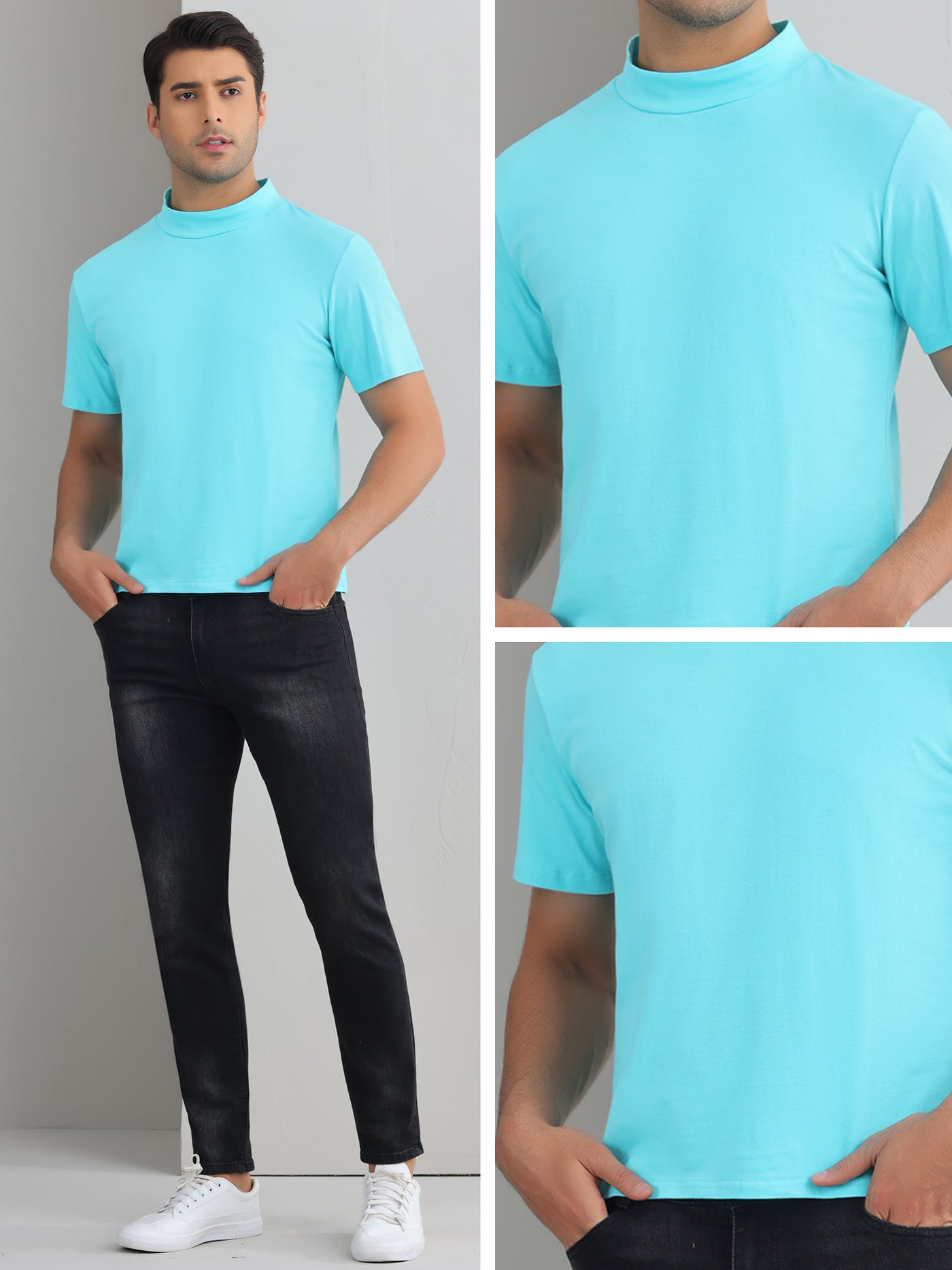 Bublédon Mock Neck T-Shirt for Men's Short Sleeves Turtleneck Summer Basic Pullover Tee Tops