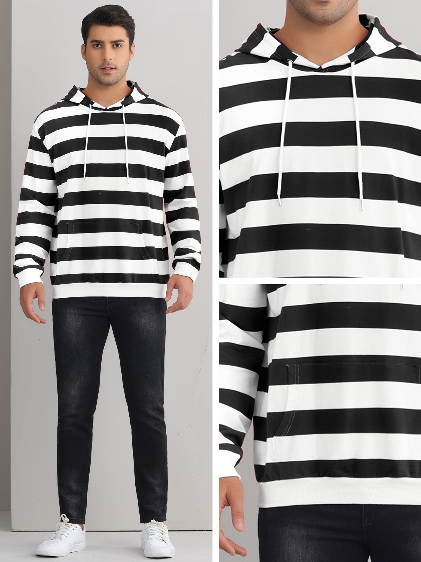 Bublédon Striped Sweatshirt for Men's Long Sleeves Drawstring Hoodie Pullover Sweatshirts