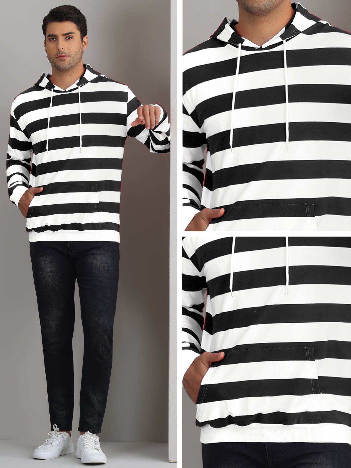 Bublédon Striped Sweatshirt for Men's Long Sleeves Drawstring Hoodie Pullover Sweatshirts