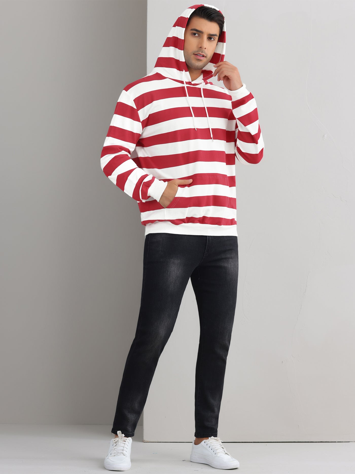 Bublédon Striped Sweatshirt for Men's Long Sleeves Drawstring Hoodie Pullover Sweatshirts