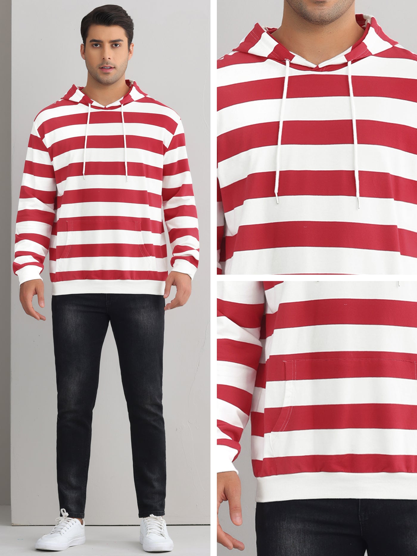 Bublédon Striped Sweatshirt for Men's Long Sleeves Drawstring Hoodie Pullover Sweatshirts