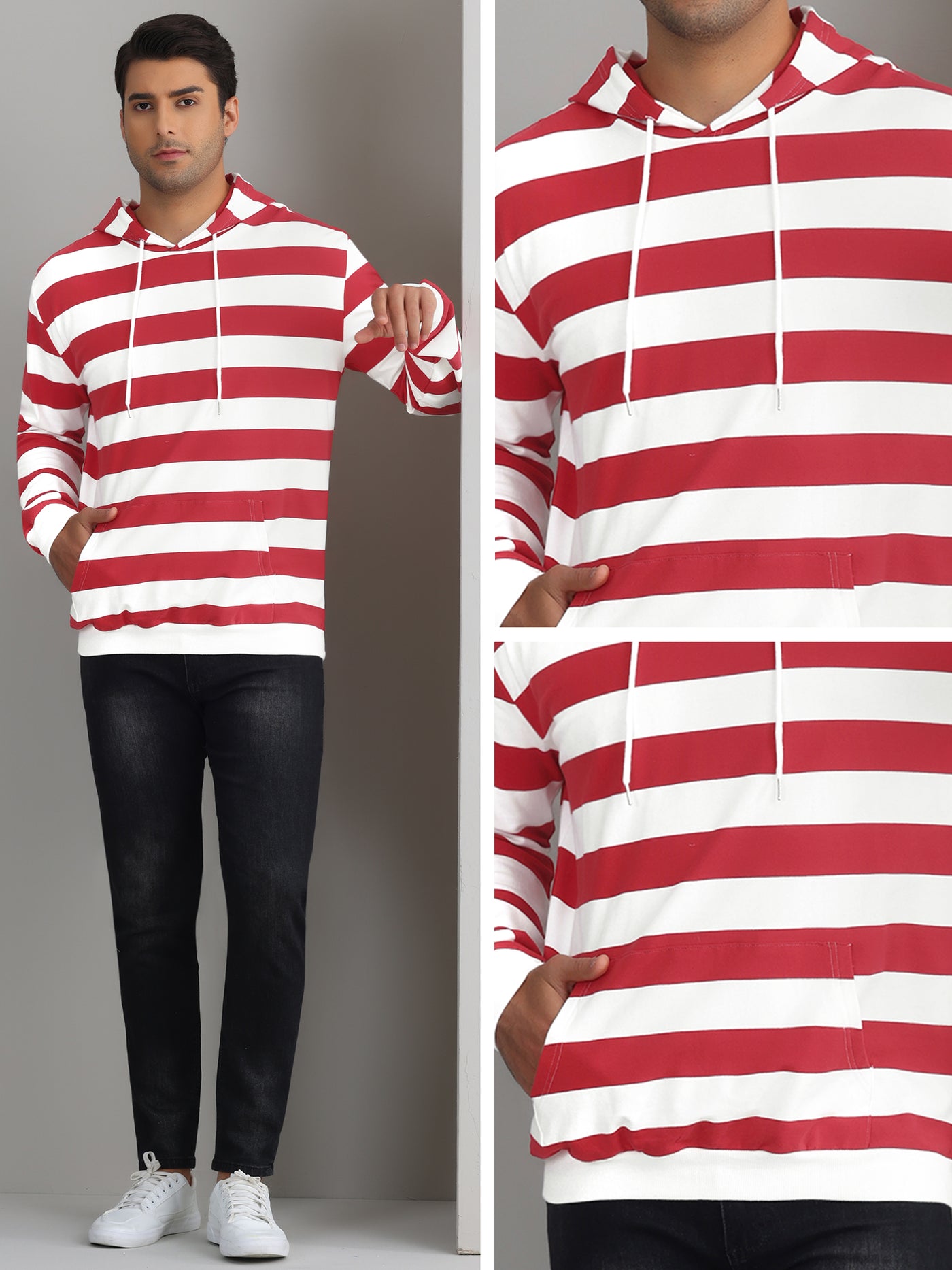 Bublédon Striped Sweatshirt for Men's Long Sleeves Drawstring Hoodie Pullover Sweatshirts