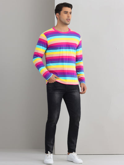 Bublédon Rainbow Stripes T-Shirt for Men's Crew Neck Long Sleeves Pullover Tee Shirts