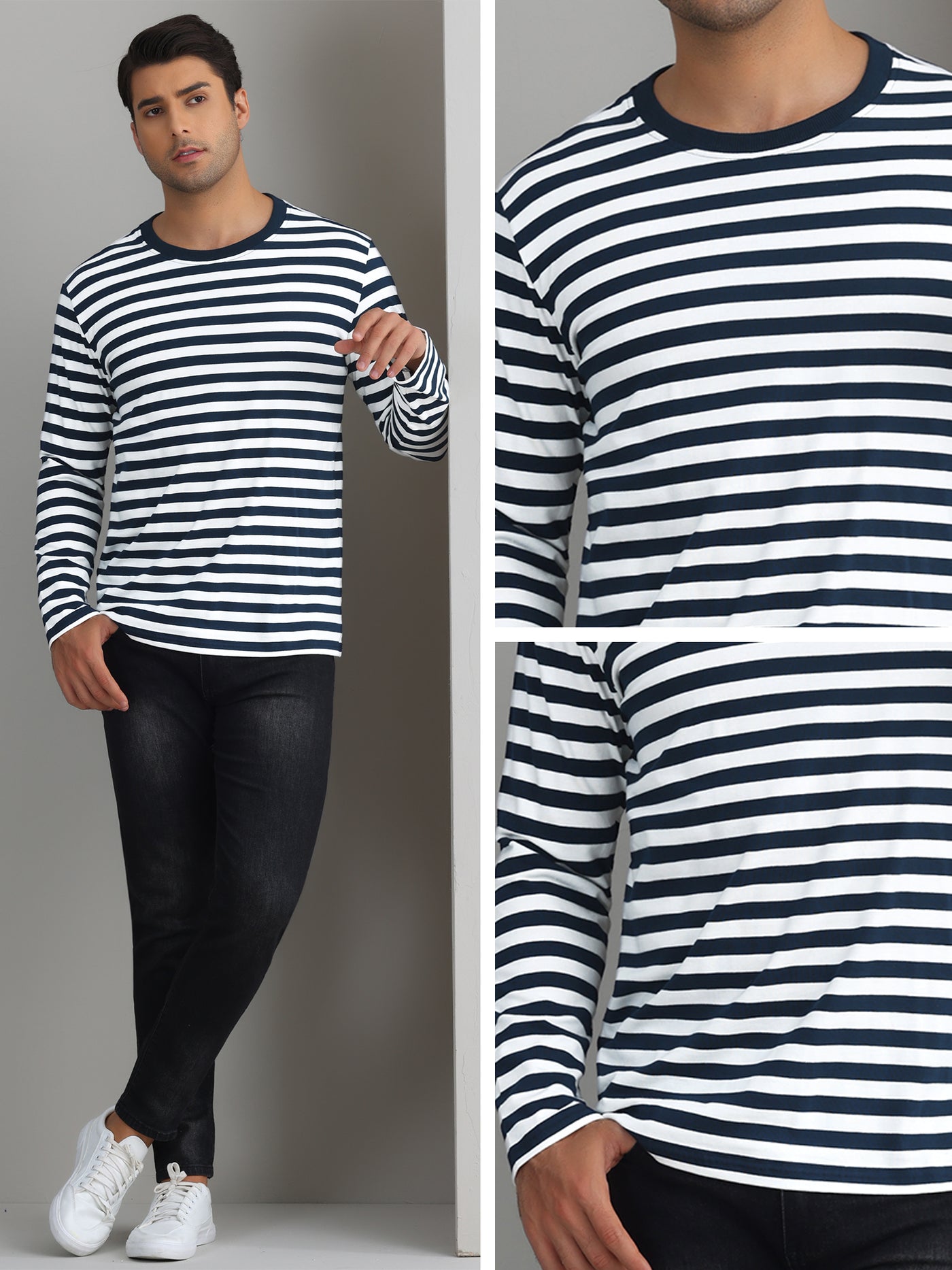 Bublédon Striped T Shirt for Men's Crew Neck Contrast Color Stripe Printed Pullover Top