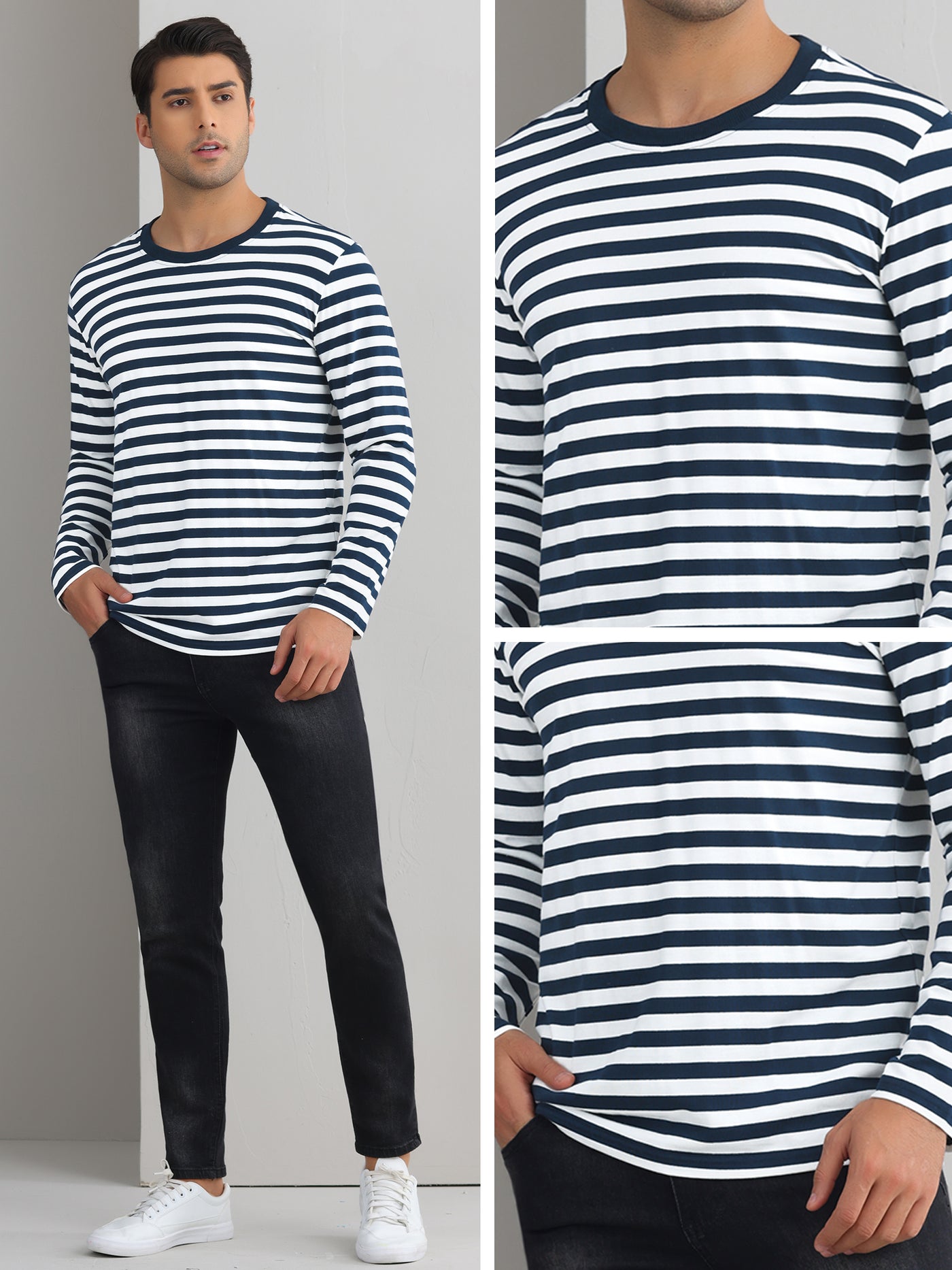 Bublédon Striped T Shirt for Men's Crew Neck Contrast Color Stripe Printed Pullover Top